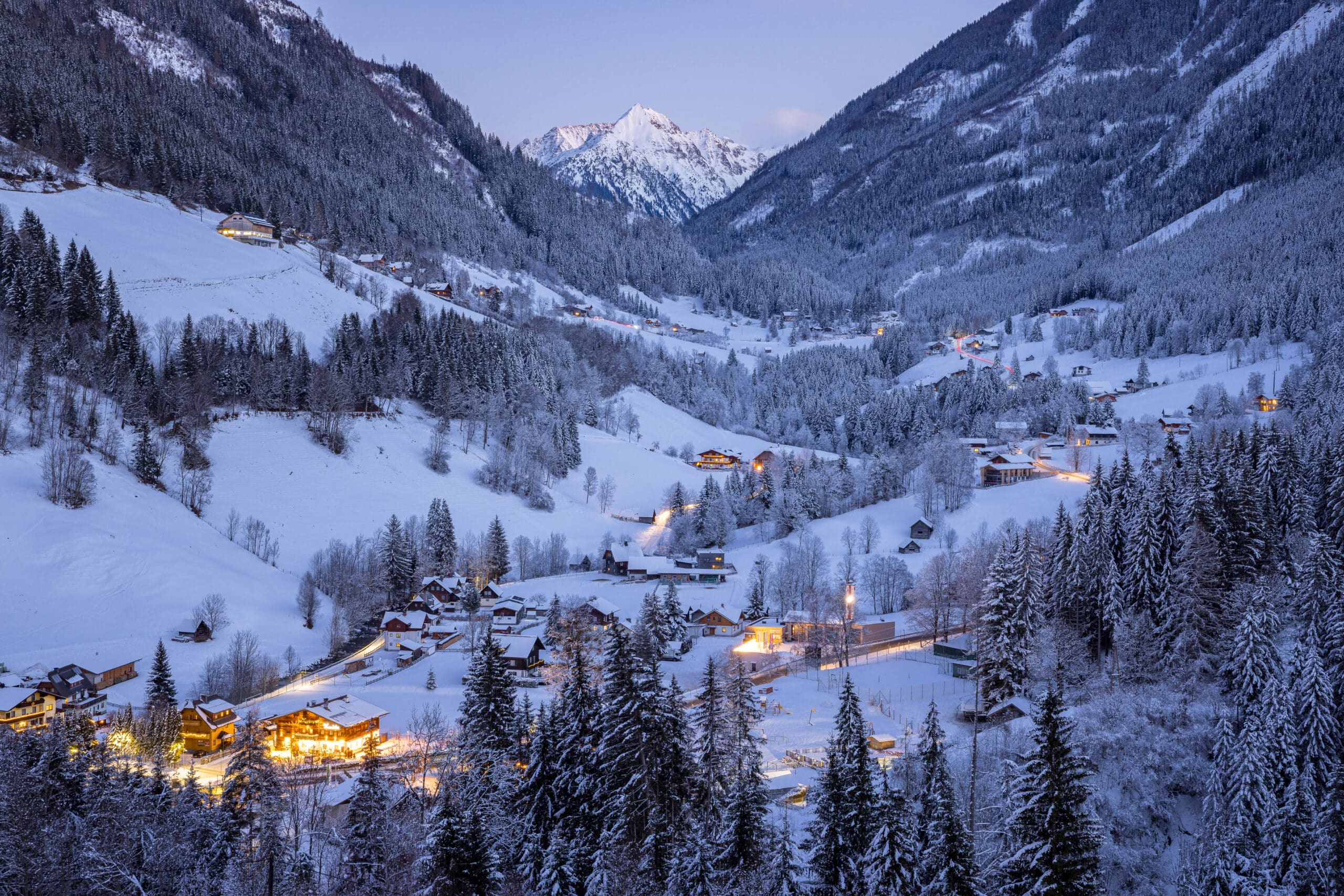 Blue hour in the Untertal valley near Rohrmoos, Schladming